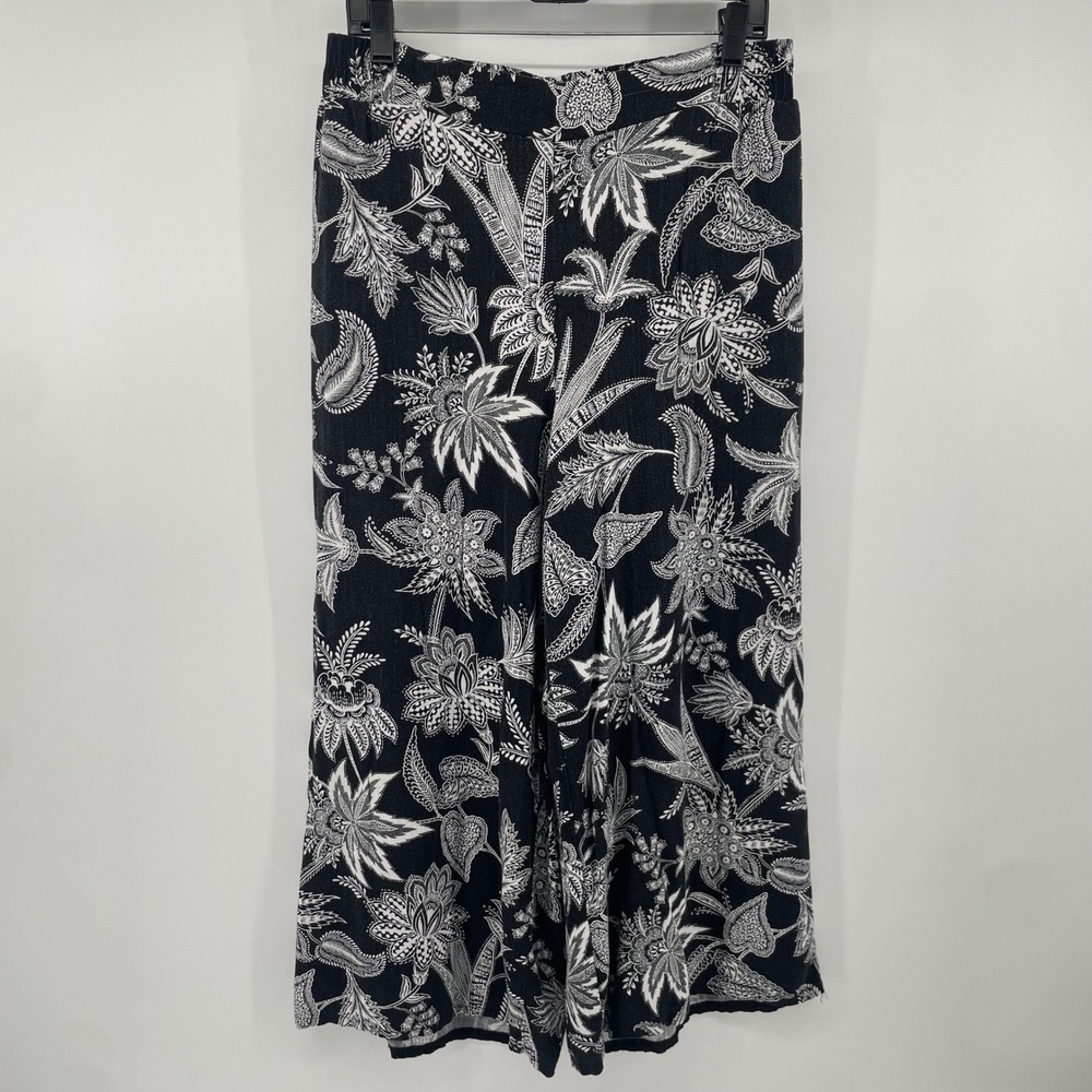Rose + Olive Resort Wide Leg Pants Womens L Black White Floral Botanical Boho